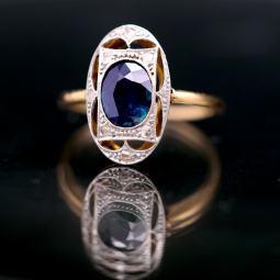 Art Deco Sapphire Diamond Ring | 18K Yellow Gold, Circa 1890s